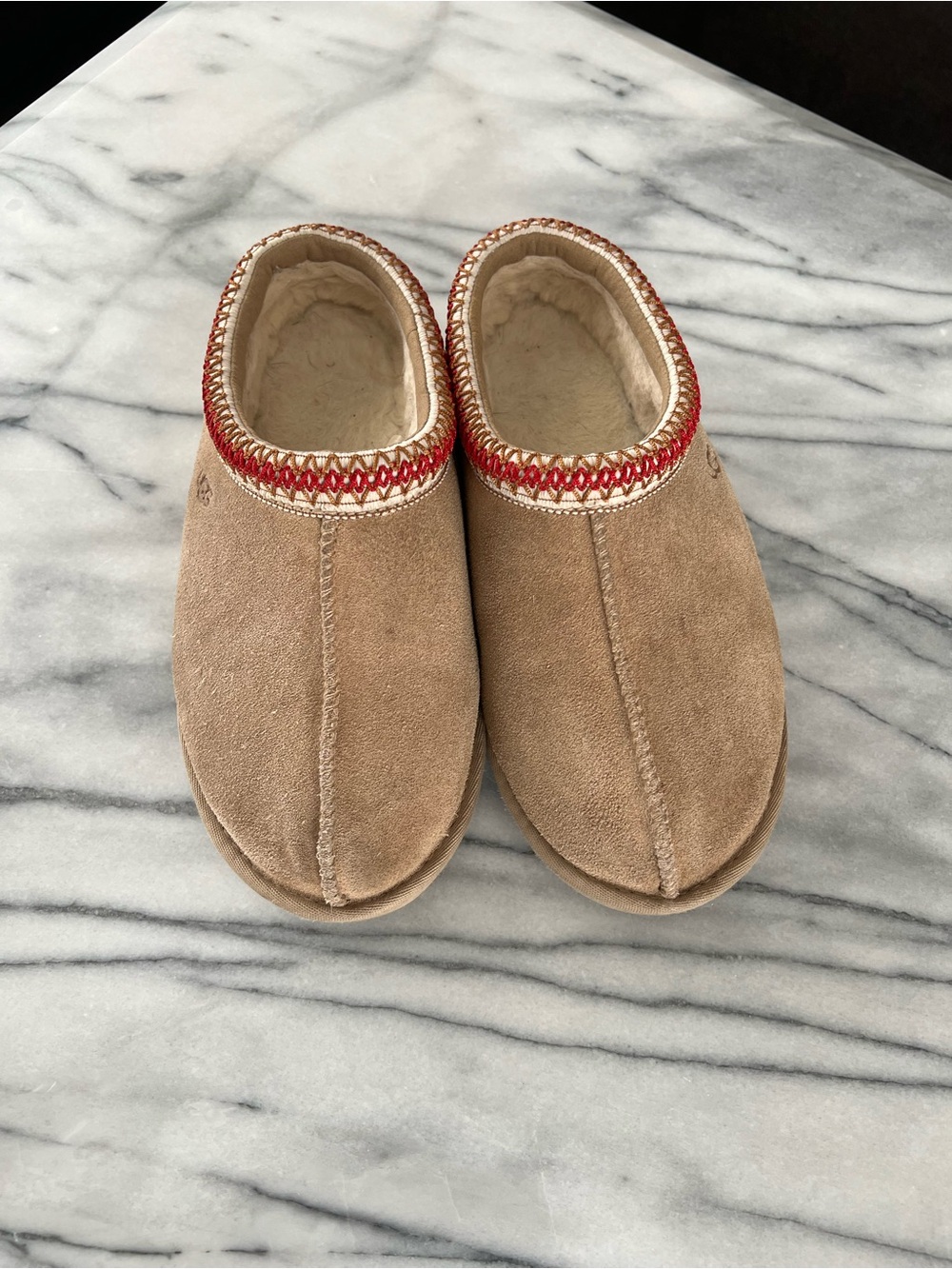 UGG Tan Suede Slip-On Slippers with Red Trim